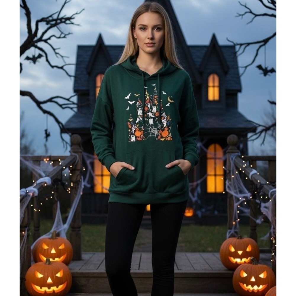 NEW Halloween Green Medium Spooky Castle Graphic Hoodie Sweatshirt Womens